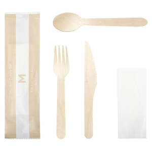 Wooden Cutlery: M Wooden Cutlery Set 4/1 (Knife,Fork,Spoon,Napkin) | Each
