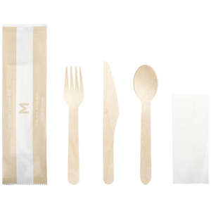 Wooden Cutlery: M Wooden Cutlery Set 4/1 (Knife,Fork,Spoon,Napkin) | 400/Ctn