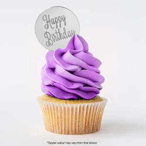 Birthday Cake Toppers: Happy Birthday Round Silver Mirror Topper 5cm