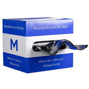 M Recycled Bin Liners in Dispenser Box 80L Black | 100/Box