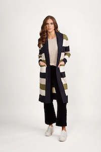 Vassalli Open Longline Cardi with Pockets Sage Stripe