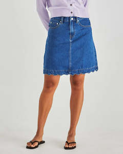 Skirts: Sass Vale Scalloped Denim Skirt-Mid Wash Blue