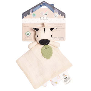 Tikiri Muslin Comforter - Soft Zebra with rubber leaf teether