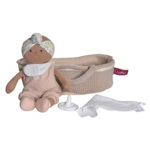 Tikiri Collection: Rheya, Carry Cot, Knitted with Baby, Soother and Blanket - Dark Skin Doll