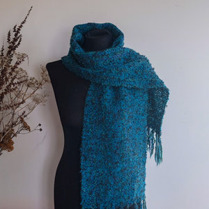 Products: Loom Room - hand woven scarf - teal blues and green, alpaca boucle