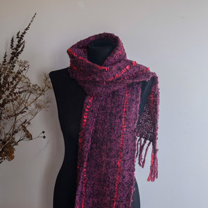 Products: Loom Room - hand woven scarf - burgundy, black and red, alpaca boucle