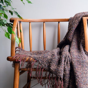 Loom Room - Alpaca/mohair throw - natural alpaca brown boucle against a red warp