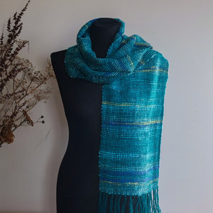 Loom Room - Scarf - Hand dyed and hand spun - Deep Green, Turquoise and Yellows