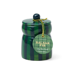 Under 50: FESTIVE CABANA GREEN/NAVY STRIPED CERAMIC CANDLE - BALSAM & FIR 184G