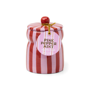 Under 50: FESTIVE CABANA RED/PINK STRIPED CERAMIC CANDLE - PINK PEPPERMINT 184G