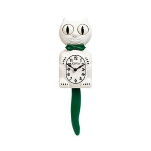 White Kit Cat Clock with Green Tail/Bowtie