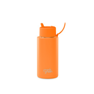 34oz Stainless Steel Ceramic Reusable Cup Neon Orange with Straw Lid