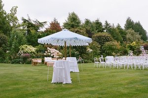 Blue/White Scalloped Umbrella - Loula – Wedding & Event Hire