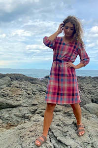 Dress: Raquel Drawstring Dress - Pink Check