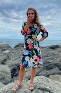 Raquel Drawstring Dress - Black Floral Linen