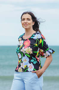 Sorrento Frill Sleeve Top - Black Floral Linen