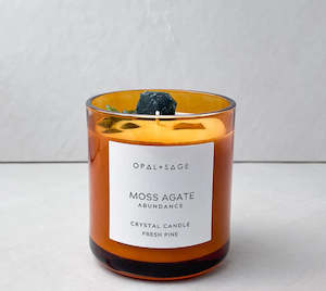 Scented Candles: Opal + Sage Moss Agate Crystal Candle Large Jar - Amber