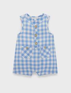 Baby And Child: Linen Blend Romper - Ocean Gingham