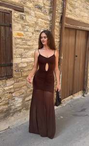 For Sale: Delaney Slinky And Mesh Maxi Dress in Chocolate - FOR SALE