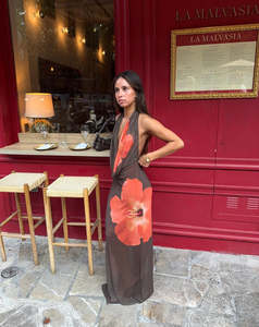 Bulk Rentals: Columbine Maxi Dress in Brown with Red Flowers