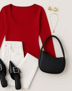 Red Basic Scoop Long Sleeve Top