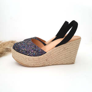 Sale 1: HIGH ESPADRILLE WEDGE - MULTI-BLACK GLITTER LAST PAIRS 38