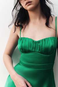 Midi: Lana Corded Ruched Midi Dress in Tree Green