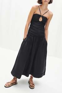 Thea Linen Keyhole Midi Dress in Black