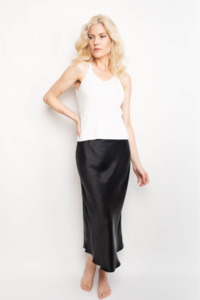 Silk Dresses: Timeless Classic Bias-Cut Silk Midi Skirt - Black