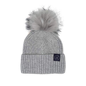 Mulberry Silk-Lined Slim Ribbed Beanie – Cashmere Blend with Removable Pom Pom -Grey