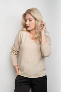 Cashmere Tops: Timeless Lounge Relaxed V-Neck Pure Cashmere Sweater - Beige