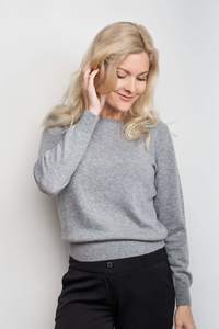 Cashmere Tops: Classic Ribbed Cashmere Crewneck Sweater - Grey