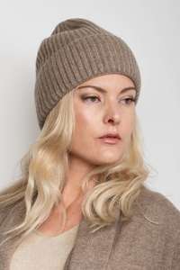 Cashmere Beanies: Cashmere Unisex Striped Beanie - Chestnut