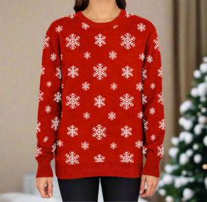 Christmas Merch: Women's Christmas Snowflake Sweater Red Trim