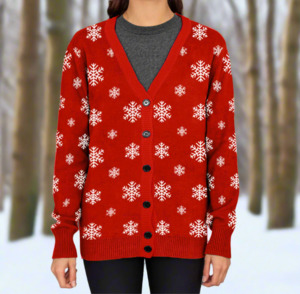 Women's Christmas Snowflake Knitted Cardigan Red Trim