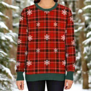 Women's Christmas Tartan Knitted Sweater Green Trim