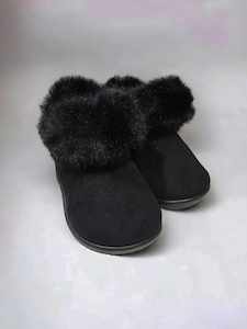Footwear: Black Furry Kids Hard Sole Slipper
