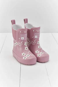 Footwear: Pink Bloom Floral Short Colour-Changing Kids Gumboots