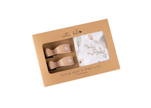 Swaddles: Boho Floral Muslin Wrap & Latte Pram Clip Set
