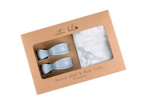 Swaddles: Dinosaurs Adventure Muslin Wrap & Dusty Blue Pram Clip Set