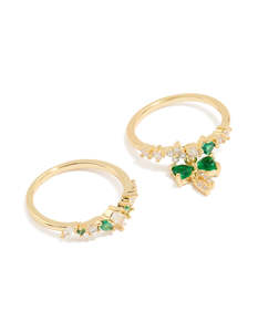 Green: Gold Plated Green Cubic Zirconia Bow & Dainty Rings 2-Pack