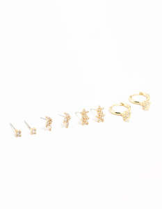 Ear Stacks: Gold Plated Brass Cubic Zirconia Flower Earrings 4-Pack