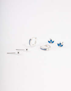 Ear Stacks: Silver Plated Brass Cubic Zirconia Marquise Stud & Huggie Earrings Pack