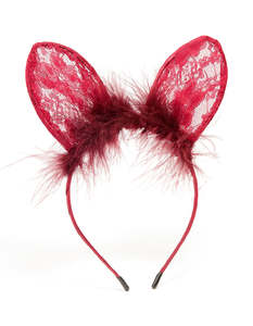 Headbands: Red Lacy Fluffy Fabric Bunny Headband