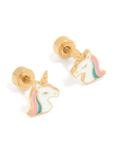 Surgical Steel Earrings: Kids Gold Plated Surgical Steel Unicorn Flat Back Earrings
