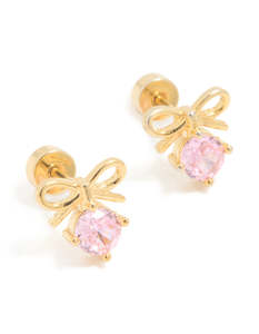 Kids Gold Plated Surgical Steel Pink Cubic Zirconia Bow Flat Back Earrings