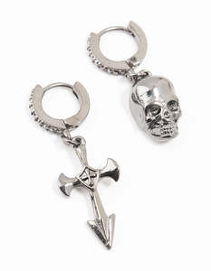 Cross Earrings: Gunmetal Diamante Cross & Skull Huggie Earrings