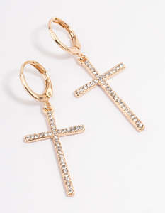 Gold Diamante Cross Huggie Earrings