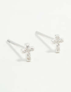 Sterling Silver Mini Cubic Zirconia Cross Stud Earrings