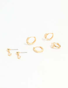 Cross Earrings: Gold Cubic Zirconia Mixed Cross Huggie & Stud Earrings 3-Pack
